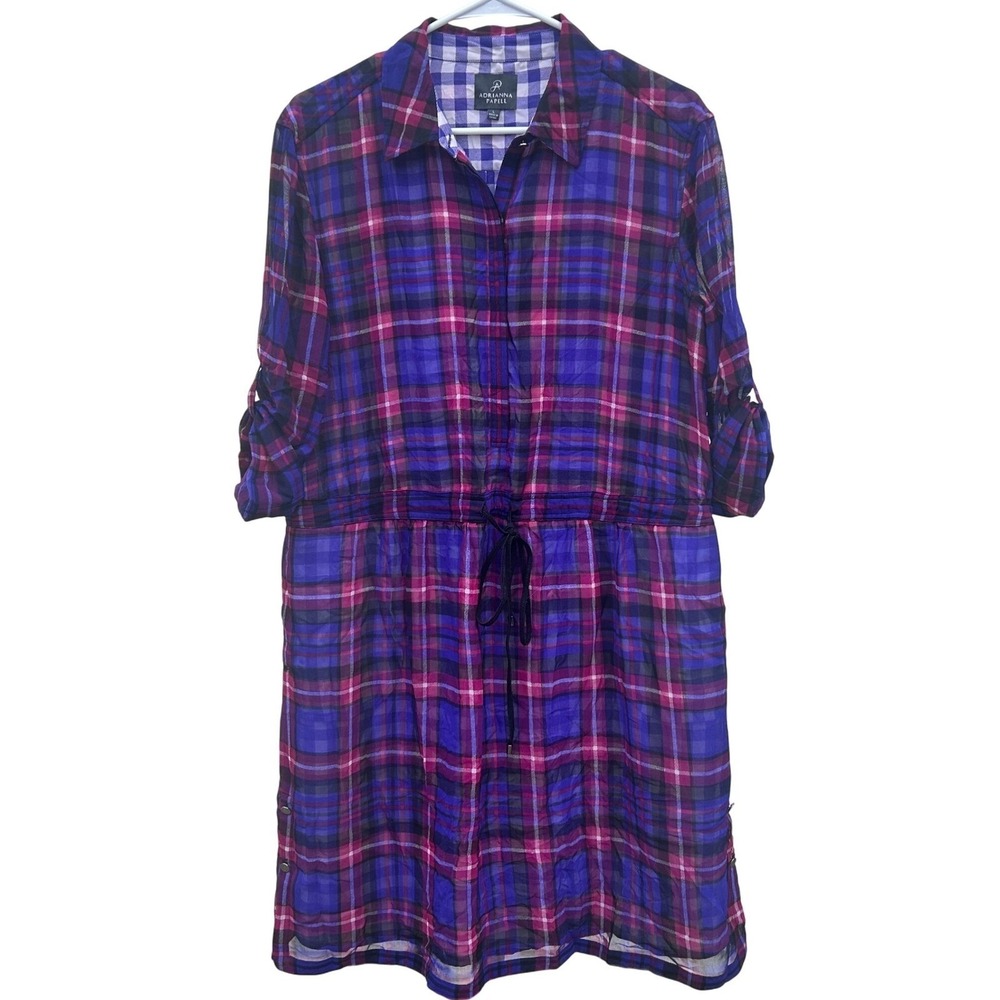 Adrianna‎ Papell Large Plaid Shirt Dress Midi Drawstring Roll Tab Sleeve Casual